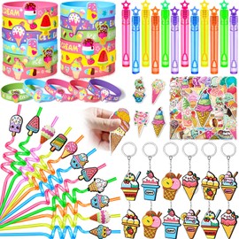 SNLN Ice Cream Party Favors Straws Keychain Bracelet Bubble Wand Sticker Set for Ice Cream Themed Gift Kid Girl Birthday Goodie Bag Stuffer Pinata Filler Classroom Prize Two Sweet Summer Party Decor