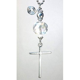 Rear View Mirror Car Accessory Ornament: Silvery Religious Christian Cross and Clear Crystal
