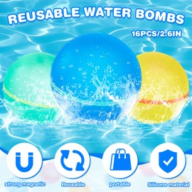 Pilikoll 16 Stück Wiederverwendbare Wasserbomben Selbstschließend Silikon Magnet Wasserbomben Silikon Wasserbomben Selbstschließend mit 1 Mesh Bag für Kinder, Erwachsene, Strand, Poolparty