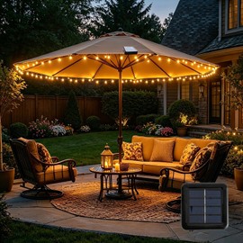 Patioman LED String Lights for Patio Umbrella - 60 Shatterproof Globe Waterproof Lights, Solar Powered with 8 Lighting Modes for Outdoor, Garden, Camping, Beach, Party Decoration, Warm White