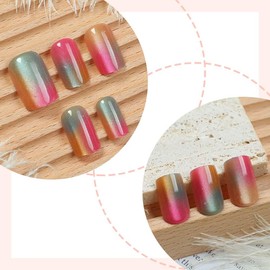 Cat's Eye Press on Nails Square Fake Nails Short False Nails Pink Ombre Stick on Nails Glossy Glue on Nails Glue on Nails Artificial Nails for Women 24Pcs