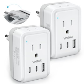 2 Pack Italy Travel Plug Adapter, VINTAR Foldable Italy Power Adapter with 3 USB Ports(2 USB C) and 2 American Outlets, 3 Prong Grounded Type L Plug Adapter for US to Italy Rome Uruguay Chile