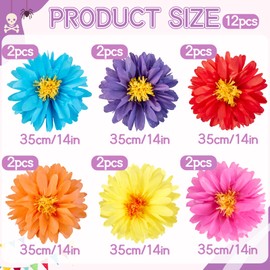 Daisy Tissue Paper Pom Poms,Premium Crepe Paper Flowers,Fiesta Colorful Mexican Paper Flowers,Daisy Wall Decor for Carnival, Wedding, Birthday Party, Baby Shower 12Pcs 14Inch