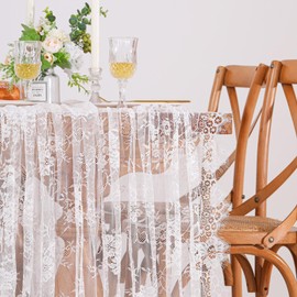 QueenDream 2 Pieces White Lace Tablecloth Spring Wedding Table Cloth 60 X120 Inches Vintage Embroidered Lace Fabric Cover for Summer Outdoor Party Reception Home Decor