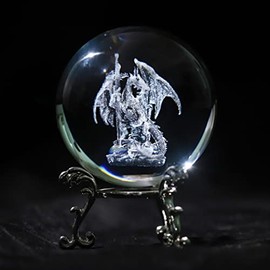 vskikris 2.36in 3D Laser Engraving Dragon Guardian of The Space Orb and Excalibur Dagger Blade Sword Figurine Crystal Ball Paperweight