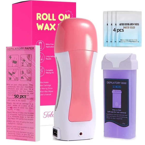 Tobcharm Roll On Wax Kit With Portable Warmer, Roller With 100g Soft Cartridge, 50 Strips. Professional Machine For Hair Removal. At Home Waxing Women And Man Both.
