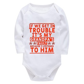 WOOYONGING If We Get In Trouble It's My Grandpa's Fault Baby Summer Romper Girl Long Sleeve Boy Newborn Outfits White Baby Rompers 3-6