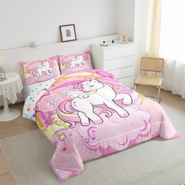 Girls Unicorn Comforter Set Full Girls Bedding Set Cute Rainbow Unicorn Print Comforter Kids Cartoon Kawaii Quilt Galaxy Stars Fantasy Girls Room Decor Unicorn Reversible Pink Boys