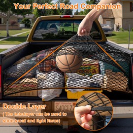SHINEHOME Cargo Net for Pickup Truck Bed, Truck Bed Net 4' x 4' Stretches to 7'x7' Highly Elastic Cargo Net Stretchable Mesh Organizer for Pickup Trunk Bed Truck Cargo Net with 8 Metal Carabiner