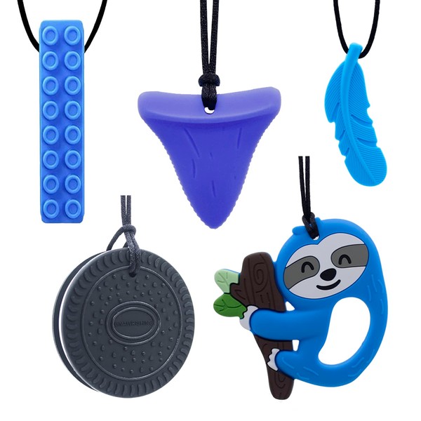 GNAWRISHING Sensory Chew Necklace for Boys, 5 Pack Chew Necklaces for Kids with Autism, ADHD, SPD, Chewing, Oral Motor