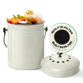 Plexon Kitchen Compost Bin Indoor with Lid, Off-White 1.5 Gallon Odorless Container, Steel Food Compost Bucket for Kitchen with Charcoal Filter, Compost Pail Countertop