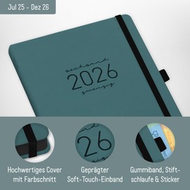 Häfft® Chäff-Timer Deluxe Calendar 2025/2026 A5 "Petrol Grey" Book Calendar, Appointment Calendar, Weekly Planner, Diary for 18 Months: July 25 to December 25 - Sustainable and Climate Friendly