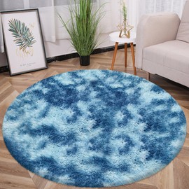 ATRUG Tie-Dyed Blue Round Rug Circular Bedside Carpet Soft Circle Rug Fuzzy Plush Circle Throw Rug Fluffy Round Rug for Home Decor Shaggy Circle Kids Play Rug for Girls Boys Baby Bedroom 5x5ft