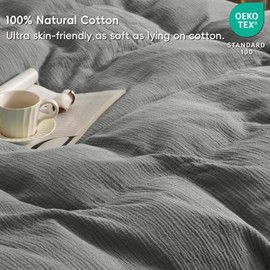 David's Home 100% Cotton Muslin Duvet Cover Set Twin Size,2 Pcs Ultra Soft Breathable & Lightweight Gauze Bedding Set with 1 Pillowcase,Textured Home Decor with Button, 68"×90" Dark Grey,No Insert