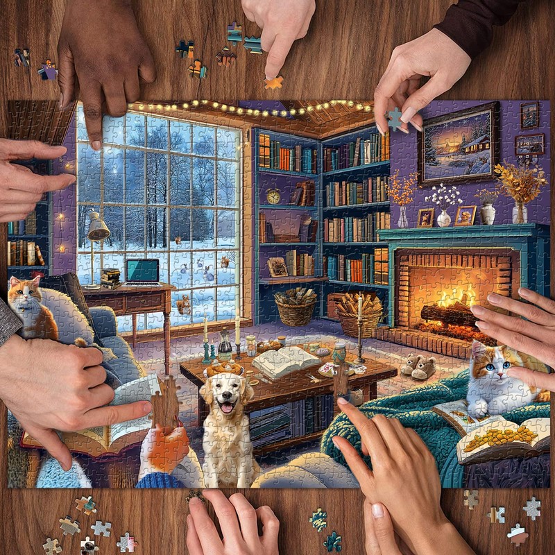 Cozy Living Room Puzzles 1000 Pieces, Winter Scene Cabin Jigsaw