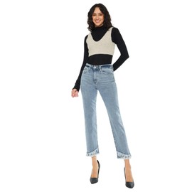 Kan Can Women's Raw Hem High Rise Straight Jeans (US, Waist, 23, Regular, Blue)