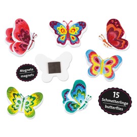Lena 42707 Plaster Casting Set for 15 Glitter Butterfly Magnets, Cast Mould Plaster Figures with 6 Butterfly Shapes, Plaster, Painting Paints, Brushes, Glitter and Magnetic Strips, Craft Set Children