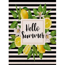 Watercolor Stripes Hello Summer Lemon Wreath Garden Flag Vertical Double Sided,Seasonal Summer Lemon Yard Outdoor Decoration 12.5 x 18 Inch