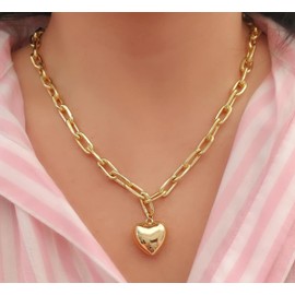 Bubble Gold Heart Charm Necklace Thick Paperclip Hardware Chain Bubbles Hearts