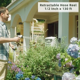 YESTAR Retractable Garden Hose Reel 1/2 Inch x 130 ft, Any Length Lock Wall Mounted &180 Deg Swivel, with 7 Pattern Nozzle and 2M Connection Hose