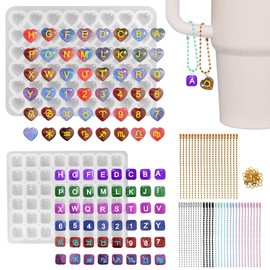 Kit de 96 piezas de moldes de letras de resina, moldes de silicona de números y alfabeto AFUNTA con agujeros, moldes de silicona en forma de corazón y cuadrado para colgante de asa de taza de agua de