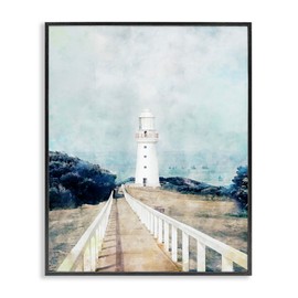 Stupell Industries White Lighthouse Boardwalk Rocky Cliff Coastal Landscape Water Black Framed Wall Art, 24x30, Blue