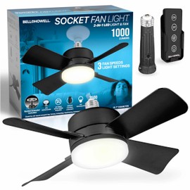 Bell+Howell Socket Breeze Socket Fan Light with Remote, Portable Small Ceiling Fans with Lights for Bedroom, Kitchen, Living Room, Ceiling Fan with Light 3500K, 1000 Lumens, Screws into E26/E27, Black | Bell+Howell