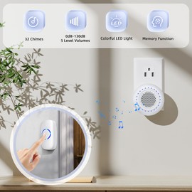 Wireless Doorbell • PHYSEN • Doorbell Chime Kits with 1 Transmitter 1 Receiver • Waterproof • Operating at 1000ft Range • 32 Ringtones • 5 Volume Levels • LED Flash • Door Bell for Home Classroom