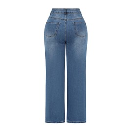 THUNDER STAR Womens High Waisted Wide Leg Jeans Stretchy Distressed Denim Pants Dark Blue XXL