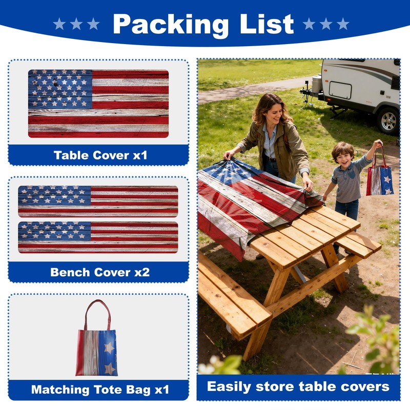 FIVZHH American Flag Picnic Table Cover with Bench Covers 6FT,