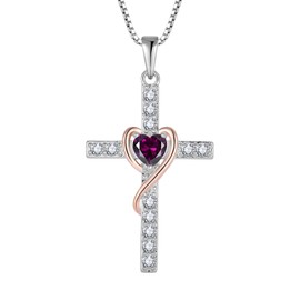 Wisbal Cross Necklace 925 Sterling Silver Heart-Shaped Necklace Created Amethyst Cross Dangle Drop Religious Jewelry