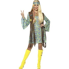 Smiffys Women's 60s Hippie Chick Costume Dress with Waistcoat, Medallion and Headband, Multi-Colour