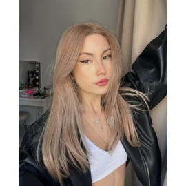 VEBONNY Brown Ombre Ashy Silver Wigs, Straight Hair Synthetic Glue-less Wigs for Women, Ombre Blonde Wig with Brown Roots, 20 Inch, VEBONNY-080