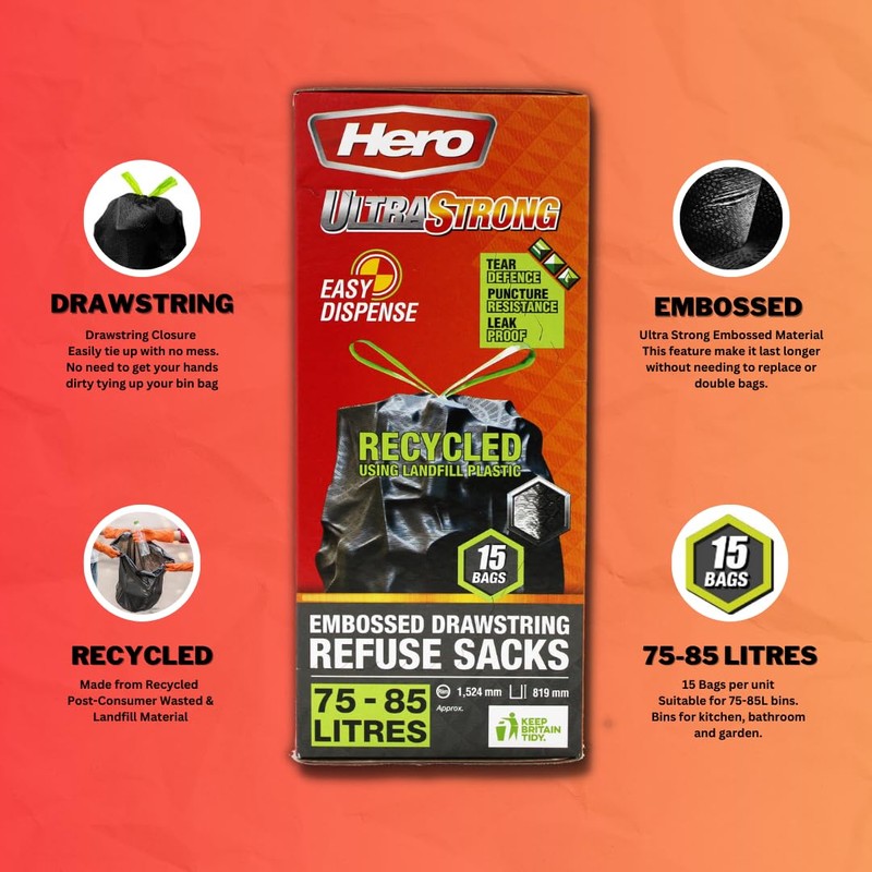 Hero Ultra Strong Black Embossed Drawstring Bin Bags 75-85L -