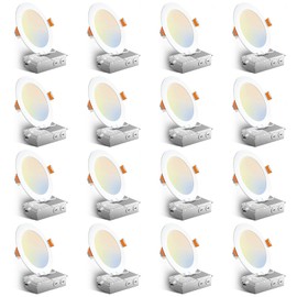 Amico 16 Pack 6 Inch 5CCT Ultra-Thin LED Recessed Ceiling Light with Junction Box, 2700K/3000K/3500K/4000K/5000K Selectable, 12W Eqv 110W, Dimmable Can Light, 1050LM High Brightness Downlight - ETL