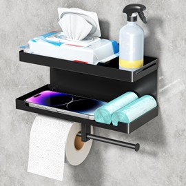 Toilet Paper Holder with Shelf Wall Mount, Adhesive Double Toilet Paper Roll Holders with Wipes Storage, Metal Tissue Roll Holder Dispenser for Bathroom and RV, Black
