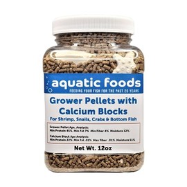 Aquatic Foods Inc. Calcium Blocks Included with Shrimp Grower 45% Protein Sinking Pellets, 1/16" x 3/8" Pellets for Shrimp, Snails, Crabs, Catfish, Plecos, All Tropical Fish, Zeigler..12oz Small Jar