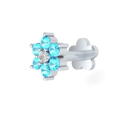 Demira Jewels 14K White Gold Real Blue Topaz & Diamond Flower Nose Lip Labret Piercing Stud Screw Pin