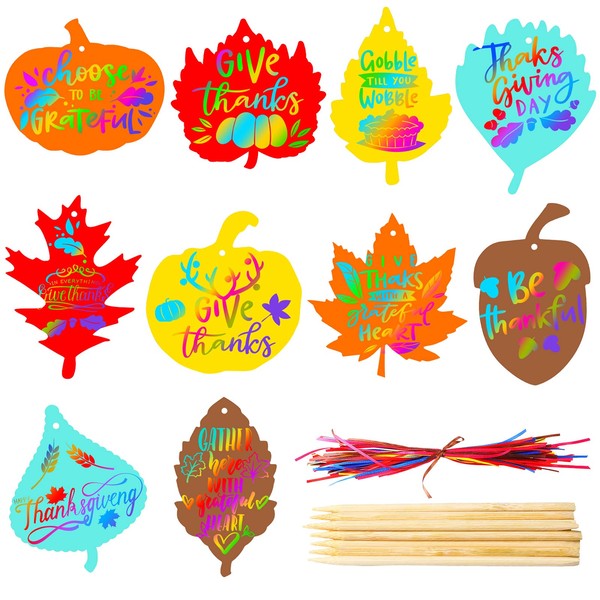 Set di 60 Pezzi di Carta da Grattare del Ringraziamento Arte Artigianale da Grattare Autunnale Foglie Autunnali da Scratch a Colori Magici con 60 Nastri Colorati 10 Bastoncini di bambù