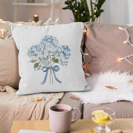 VRW Blue Hydrangea Floral Throw Pillow Covers 18x18, Blue Coquette Bow Flowers Bouquet Decorative Pillow Covers for Home Living Room Bedroom, Rustic Cottagecore Hydrangea Decor Accent Pillows Cover