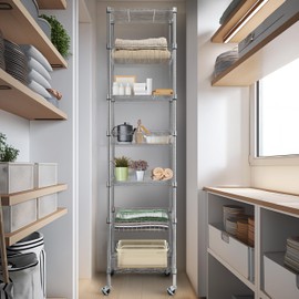 Finnhomy Heavy Duty 7 Tier Wire Shelving Unit with Wheels 18x18x78.8-inches 7 Shelves Metal Storage Rack Thicken Steel Tube, Adjustable Shelving Rack for Kitchen Bathroom Office, NSF Certified, Chrome