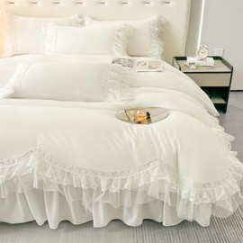 MOOWOO Chic Ruffle Lace Polyester Duvet Cover Set -Girl White Bedding-3 Piece Full Duvet Cover with Zipper Closure -Ultra Soft and Light Weight (White,Full)