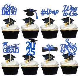 Graduation Decorations 2025 Blue, Graduation Cupcake Toppers 2025 Blue Black, Glitter Class of 2025 Cupcake Toppers Supplies, Class of 2025 Congrats Grad Cap Diploma Cupcake Picks - 40Pcs
