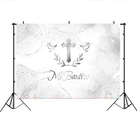 Lofaris 7x5ft Mi Bautizo Backdrop Mexico First Holy Communion Christening Photography Background Silver Watercolor Clouds Gold Cross Peace Dove Party Decor Photo Booth Studio Props