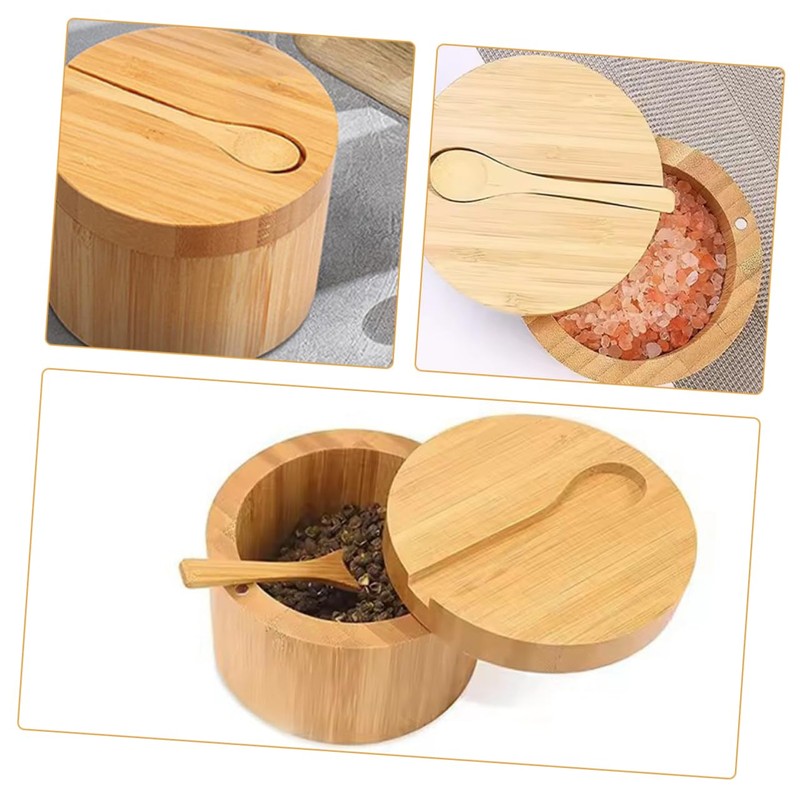 STOBAZA Multi-Function Wooden Salt Box Magnetic Lid Seasoning Canister Kitchen