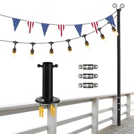 String Light Poles, 12.6 FT Light Poles for Outside Patio, Outdoor Deck Lighting Poles with Brackets for Fence and Base for Wood Concrete Mount, Heavy Duty Metal Stand Hanging Garden Party Decoration