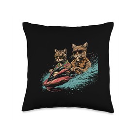 Cat Driving Jet Ski Wear Hawaiian And Sunglass Sport Throw Pillow