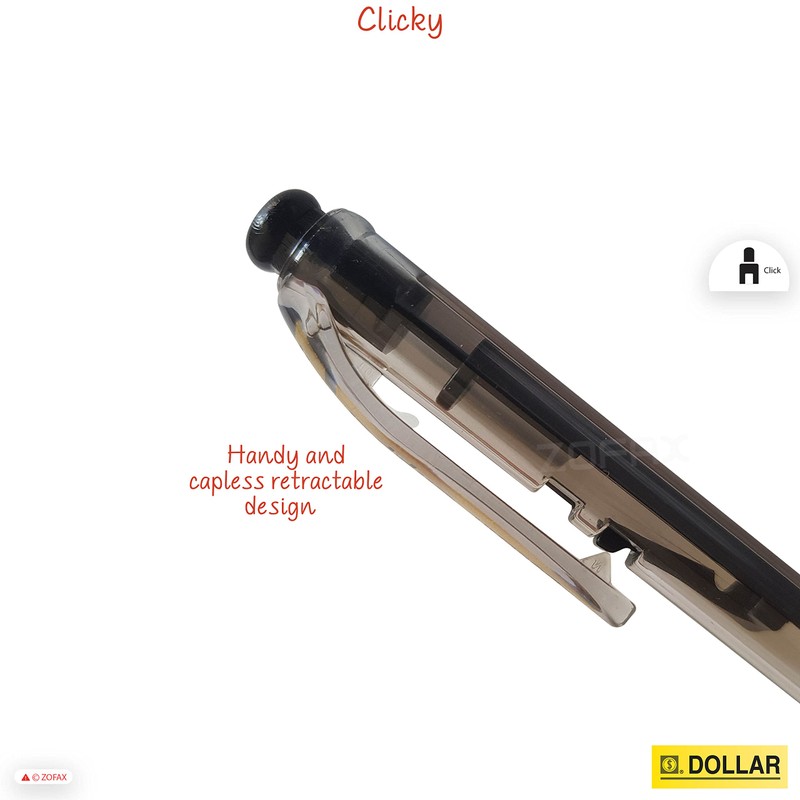DOLLAR 10 x 0.8mm Clipper Ball Pen BLACK Retractable Soft