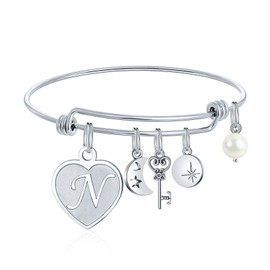 Initial Charm Bracelets For Women - Engraved N Initial Charm Bracelets Dainty Heart Charms Initial Bracelet Engraved Letters Bracelet Jewelry Birthday Gifts for Women Teen Girls Bridesmaids Gifts