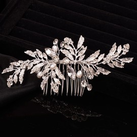 Teyglen Leaf Bride Wedding Hair Comb Rhinestone Pearl Nupcial Hair Pieces Dainty Side Hair Peine Piece Para Novia Crystal Accesorios Para El Cabello Para Mujeres Niñas Plata